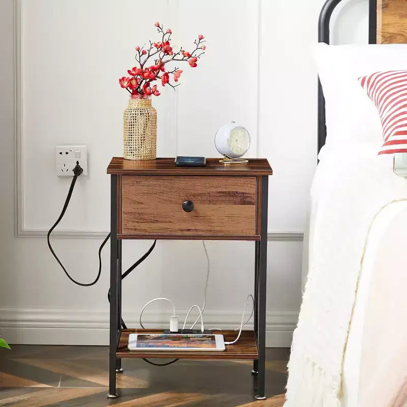 VECELO Nightstand with Charging Station, Set of 1/2 Wooden End Table Bedside Table with Drawer
