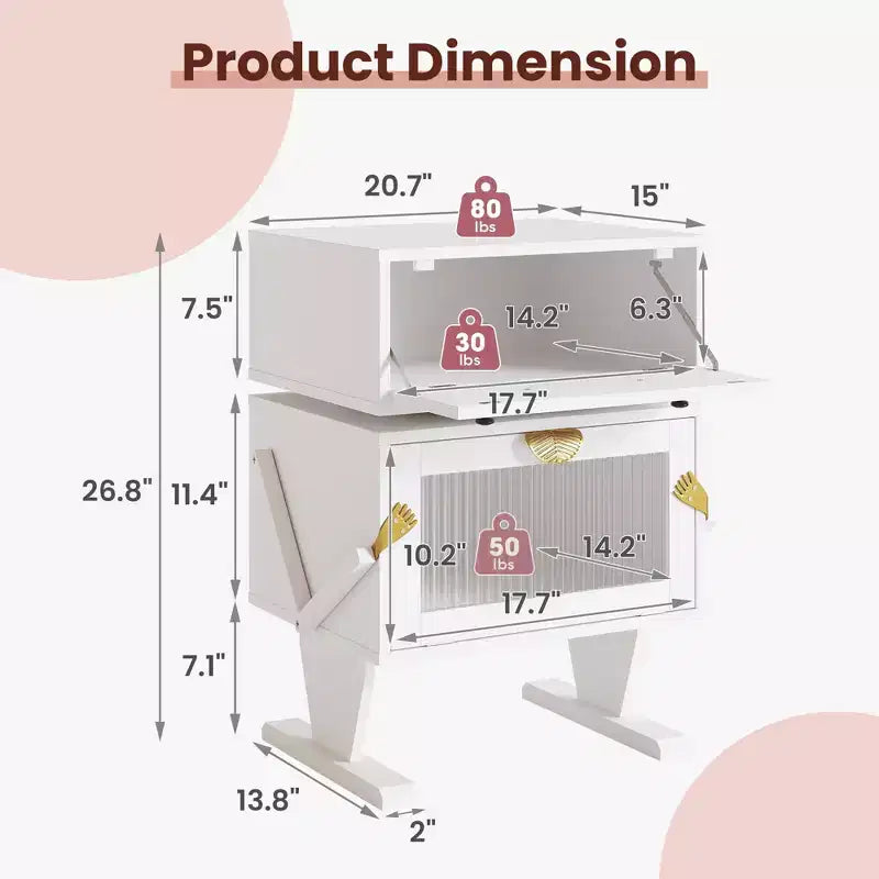 Table de chevet avec bandes lumineuses LED, tiroir rotatif à 360 degrés, rangement avec porte en verre