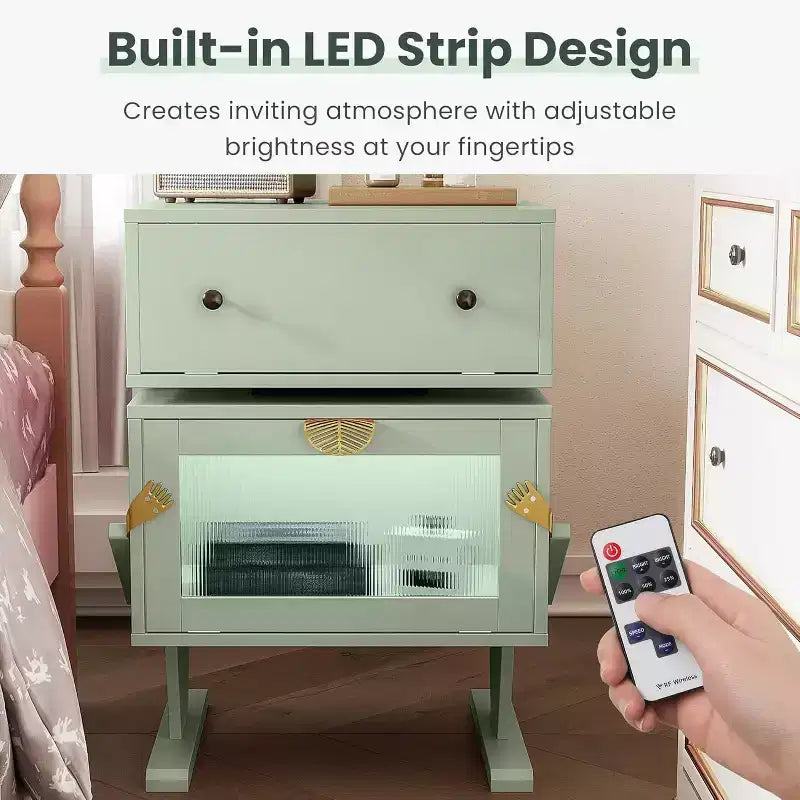 Table de chevet avec bandes lumineuses LED, tiroir rotatif à 360 degrés, rangement avec porte en verre