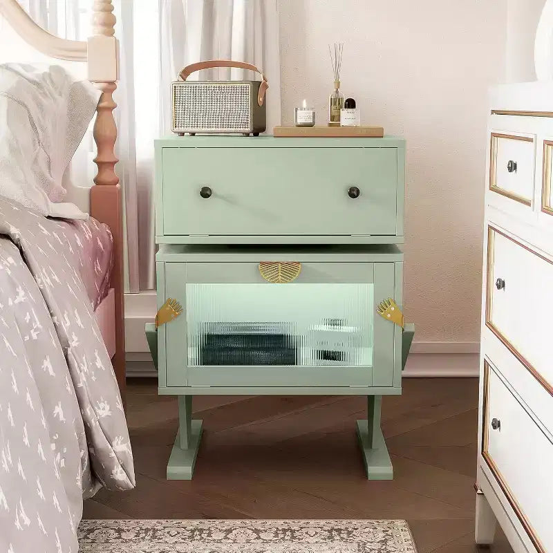 Heynemo Nightstand with LED Light Strips, 360 Degree Rotating Drawer, Glass Door Storage, Wood Night Stand Cabinet for Living Room, Bedroom