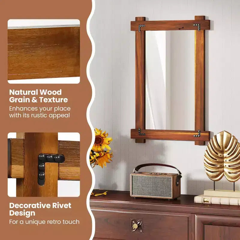 Miroir mural incassable avec cadre en bois d'acacia et design rivetage vintage
