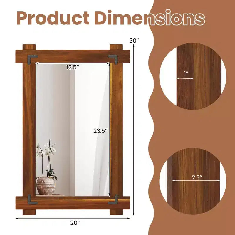 Miroir mural incassable avec cadre en bois d'acacia et design rivetage vintage