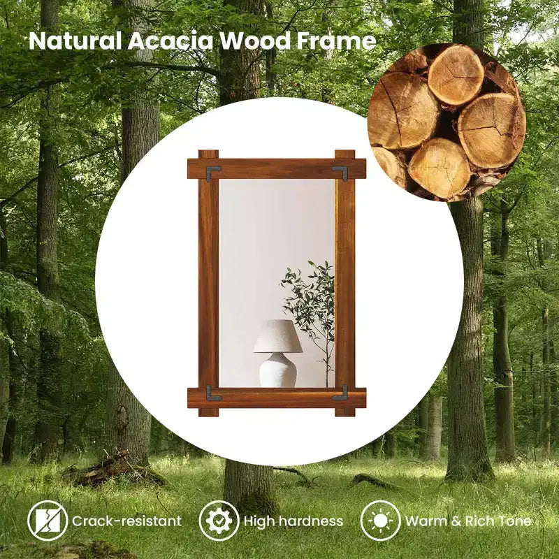 Miroir mural incassable avec cadre en bois d'acacia et design rivetage vintage