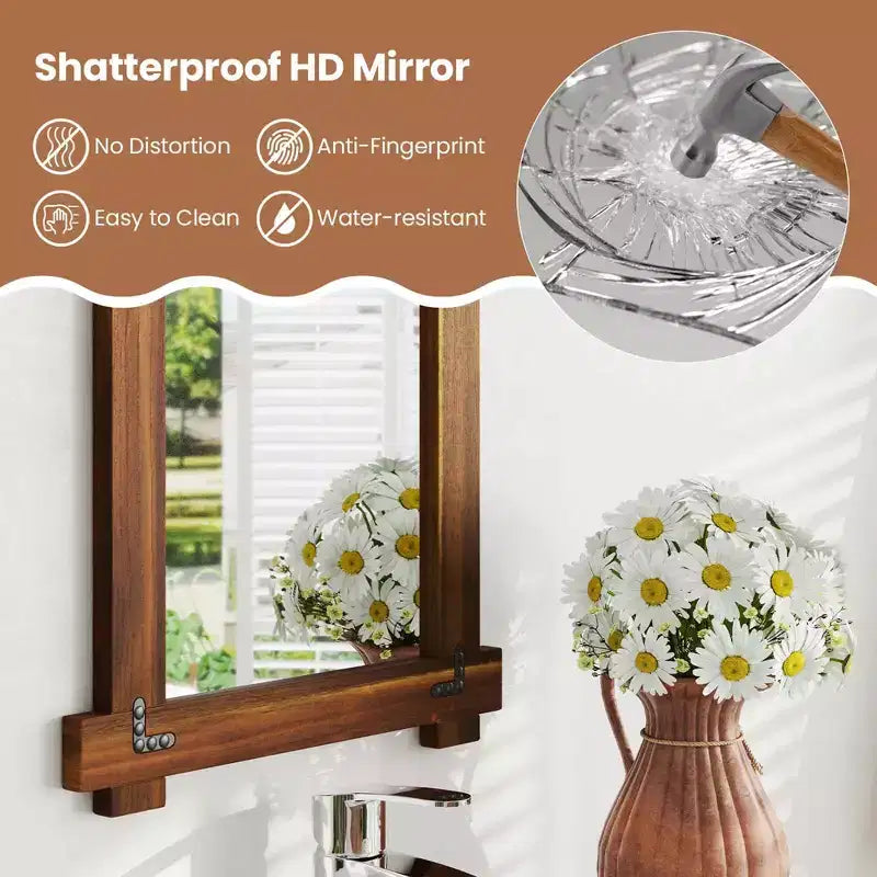 Miroir mural incassable avec cadre en bois d'acacia et design rivetage vintage