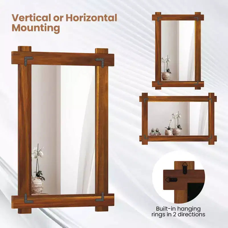 Miroir mural incassable avec cadre en bois d'acacia et design rivetage vintage
