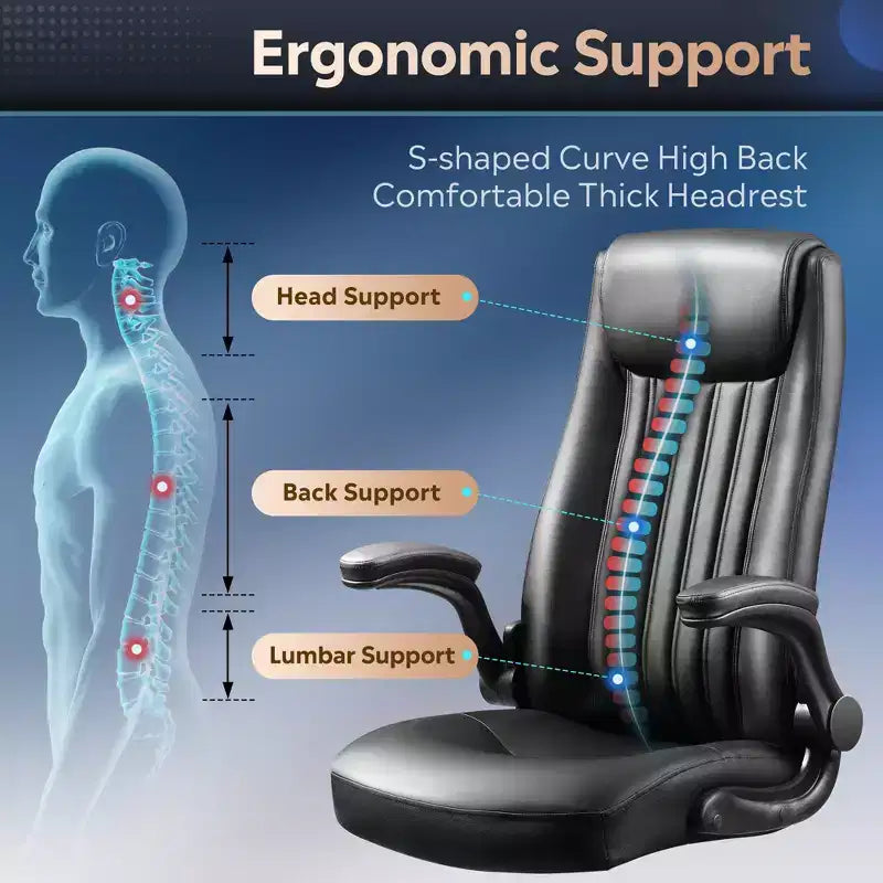 Chaise de bureau ergonomique à dossier haut, accoudoirs escamotables réglables
