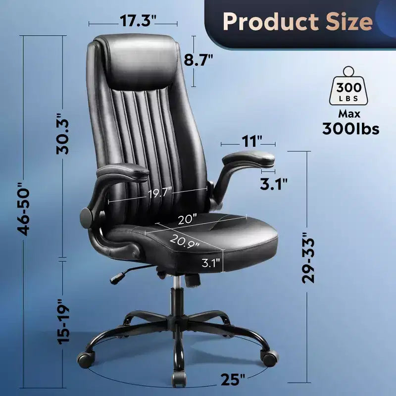 Chaise de bureau ergonomique à dossier haut, accoudoirs escamotables réglables