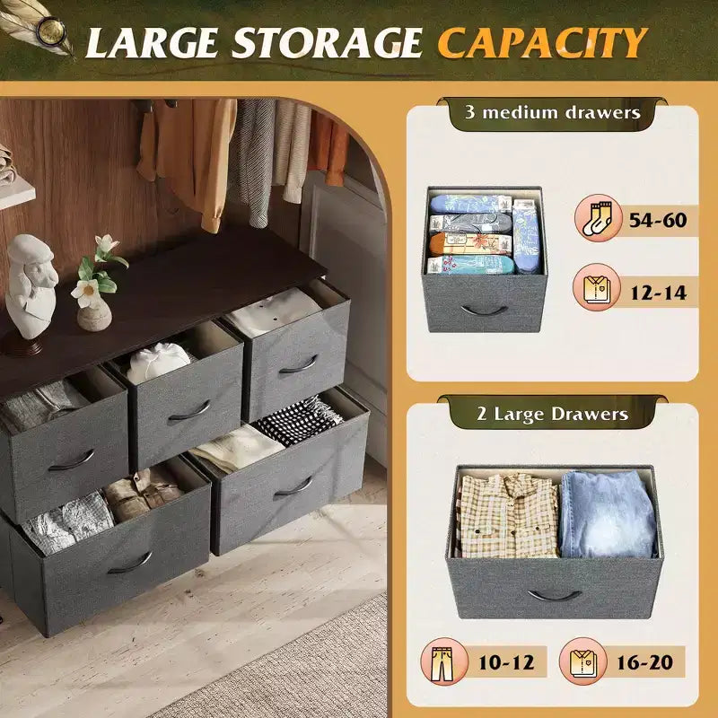 Commode à 5 tiroirs, longue unité de rangement en tissu pour chambre à coucher