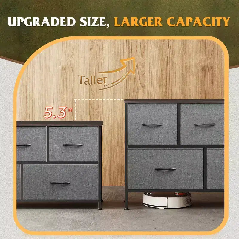 Commode à 5 tiroirs, longue unité de rangement en tissu pour chambre à coucher
