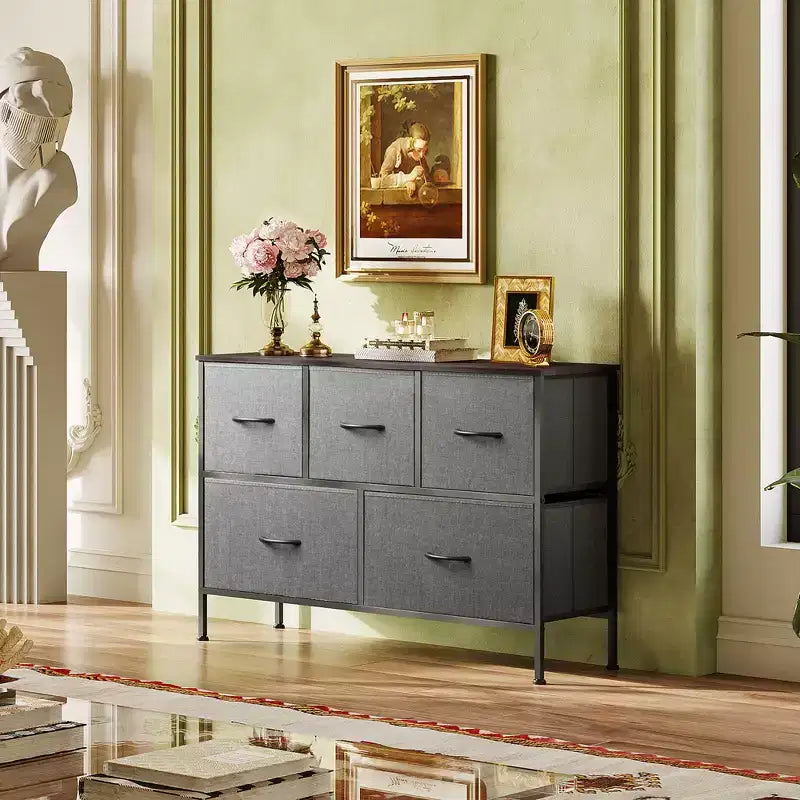 Commode à 5 tiroirs, longue unité de rangement en tissu pour chambre à coucher