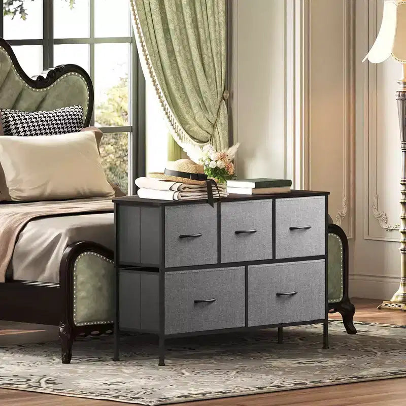 Commode à 5 tiroirs, longue unité de rangement en tissu pour chambre à coucher