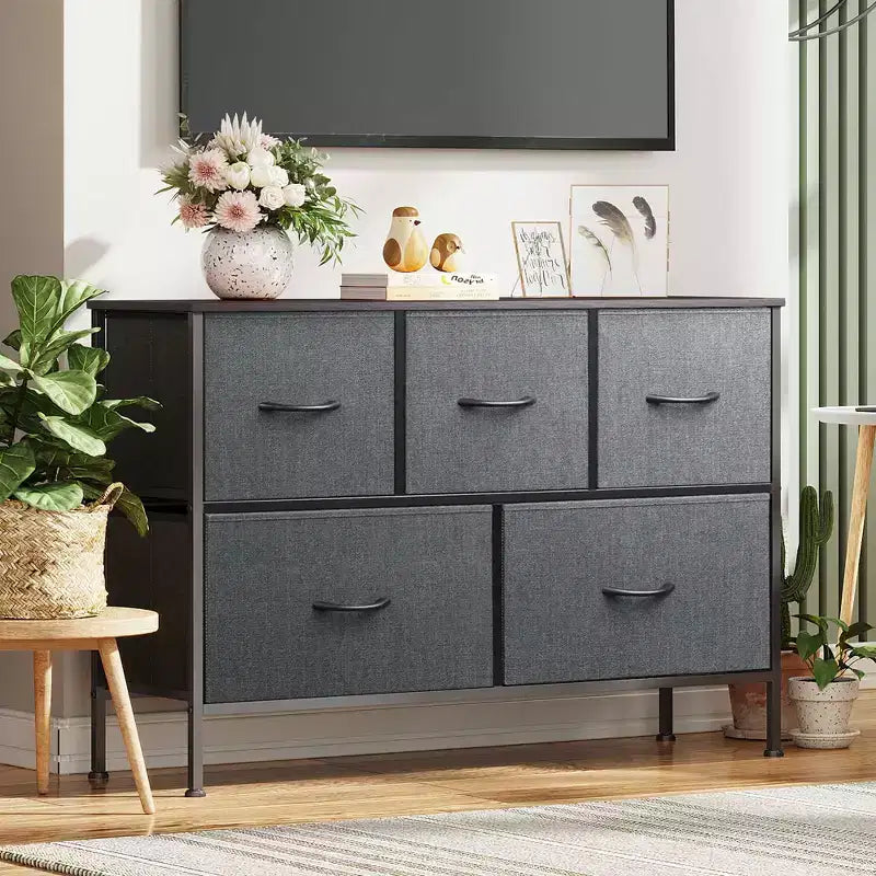 Commode à 5 tiroirs, longue unité de rangement en tissu pour chambre à coucher