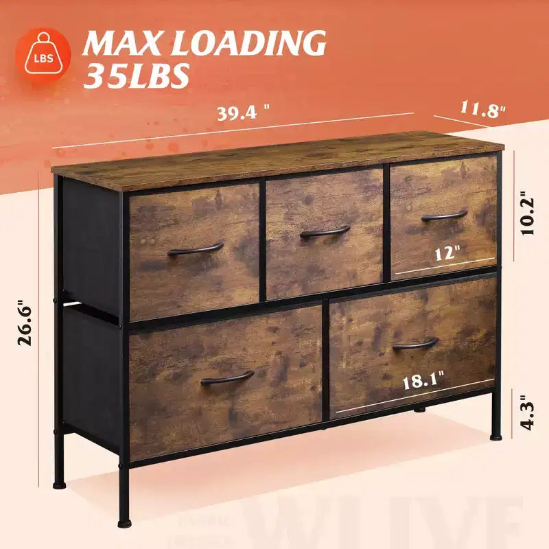 Commode à 5 tiroirs, longue unité de rangement en tissu pour chambre à coucher