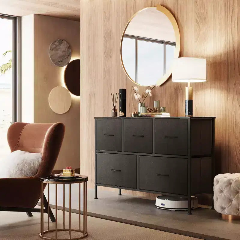 Commode à 5 tiroirs, longue unité de rangement en tissu pour chambre à coucher
