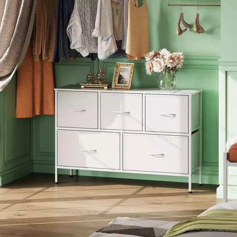 Commode à 5 tiroirs, longue unité de rangement en tissu pour chambre à coucher