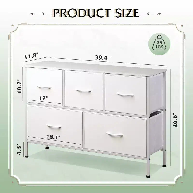 Commode à 5 tiroirs, longue unité de rangement en tissu pour chambre à coucher