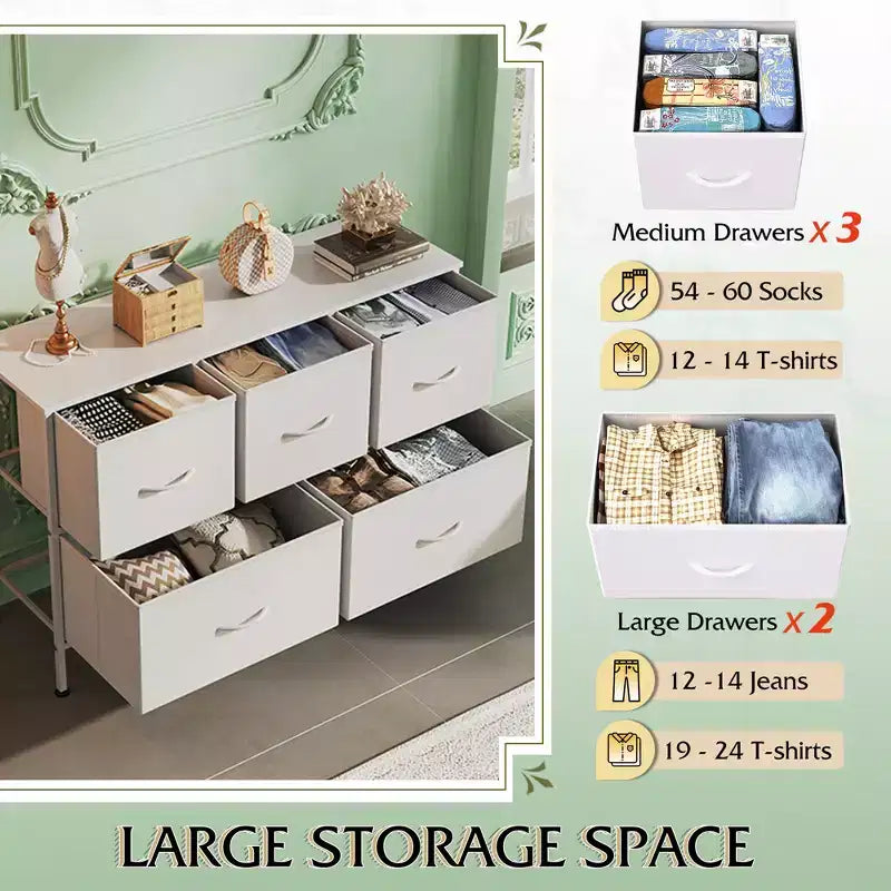 Commode à 5 tiroirs, longue unité de rangement en tissu pour chambre à coucher