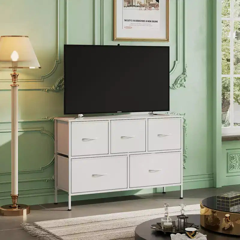 Commode à 5 tiroirs, longue unité de rangement en tissu pour chambre à coucher