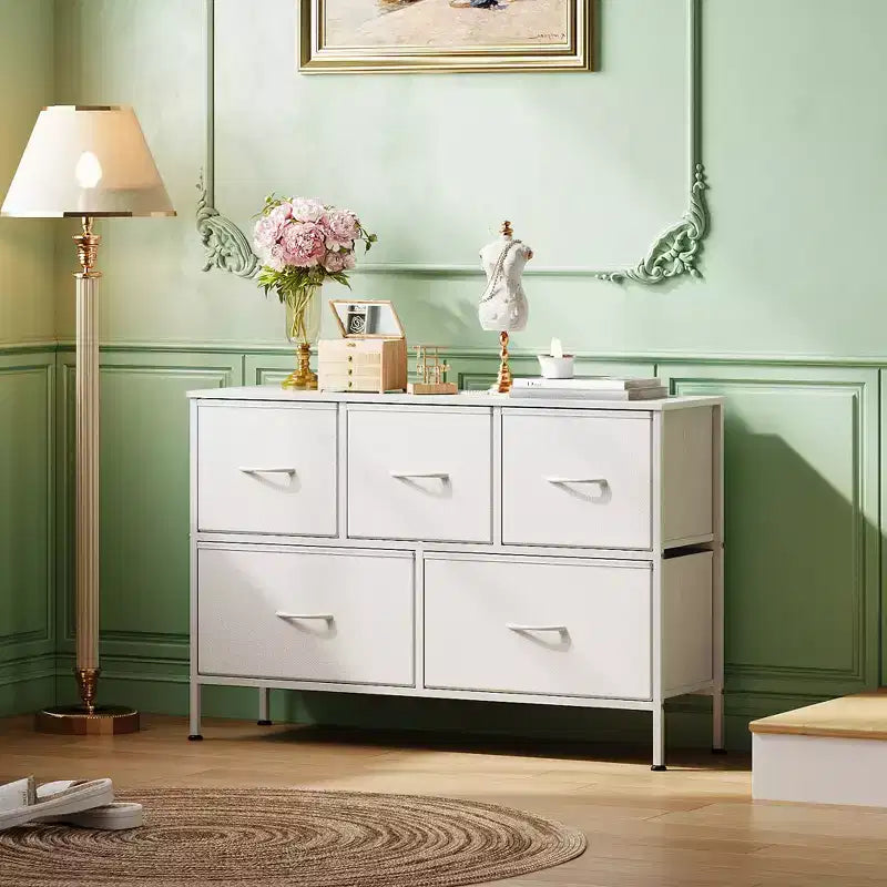 Commode à 5 tiroirs, longue unité de rangement en tissu pour chambre à coucher