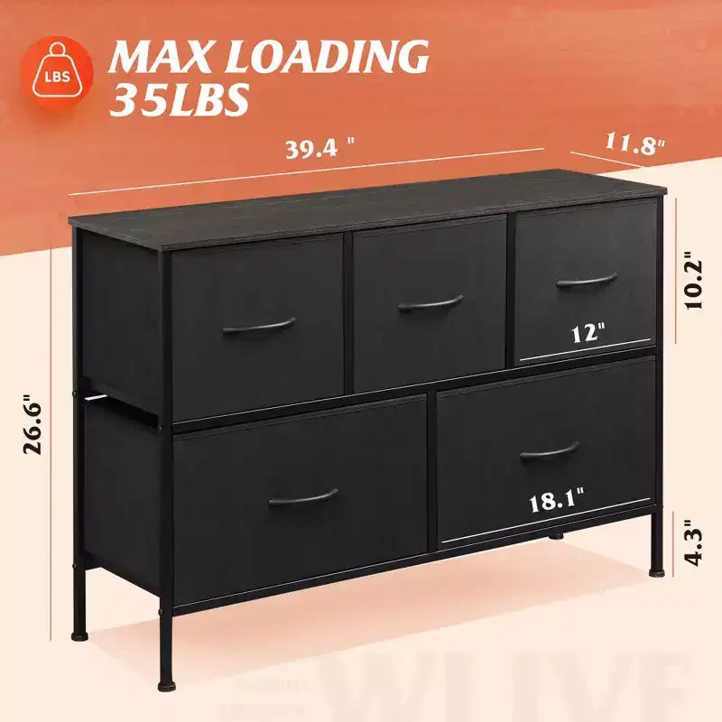 Commode à 5 tiroirs, longue unité de rangement en tissu pour chambre à coucher