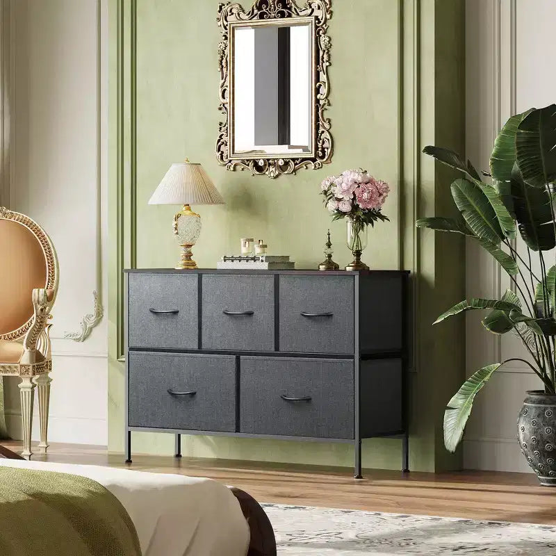 Commode à 5 tiroirs, longue unité de rangement en tissu pour chambre à coucher