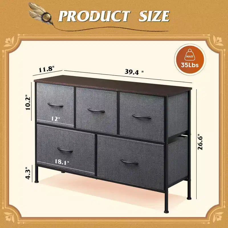 Commode à 5 tiroirs, longue unité de rangement en tissu pour chambre à coucher