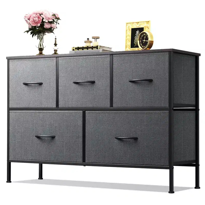 Commode à 5 tiroirs, longue unité de rangement en tissu pour chambre à coucher