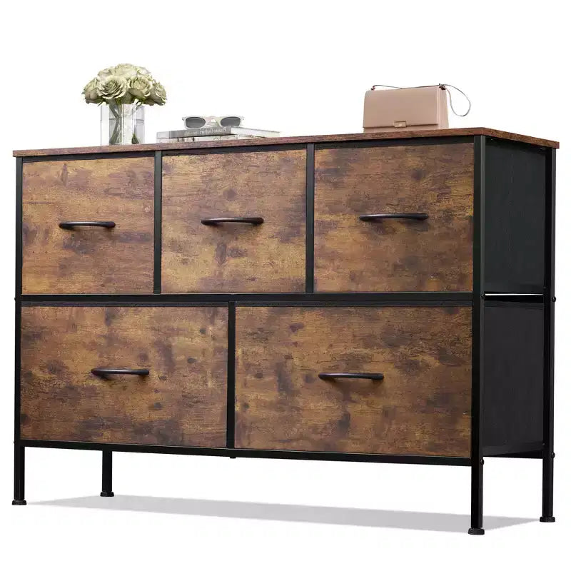 Commode à 5 tiroirs, longue unité de rangement en tissu pour chambre à coucher