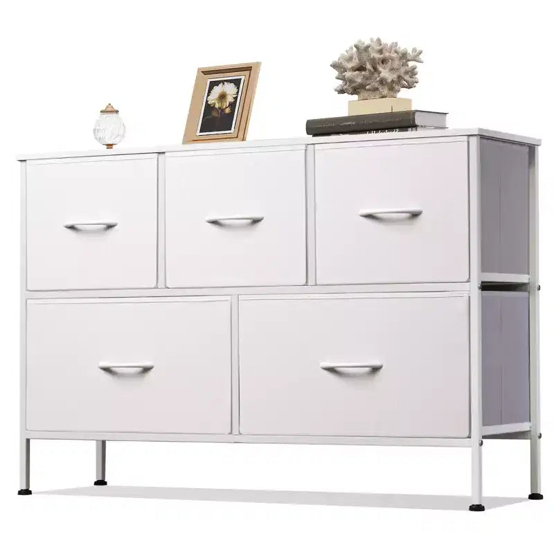 Commode à 5 tiroirs, longue unité de rangement en tissu pour chambre à coucher