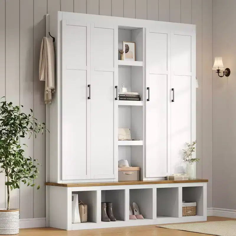 Porte-manteau d'entrée 4-en-1 avec banc de rangement et patères pour vestibule/vestiaire