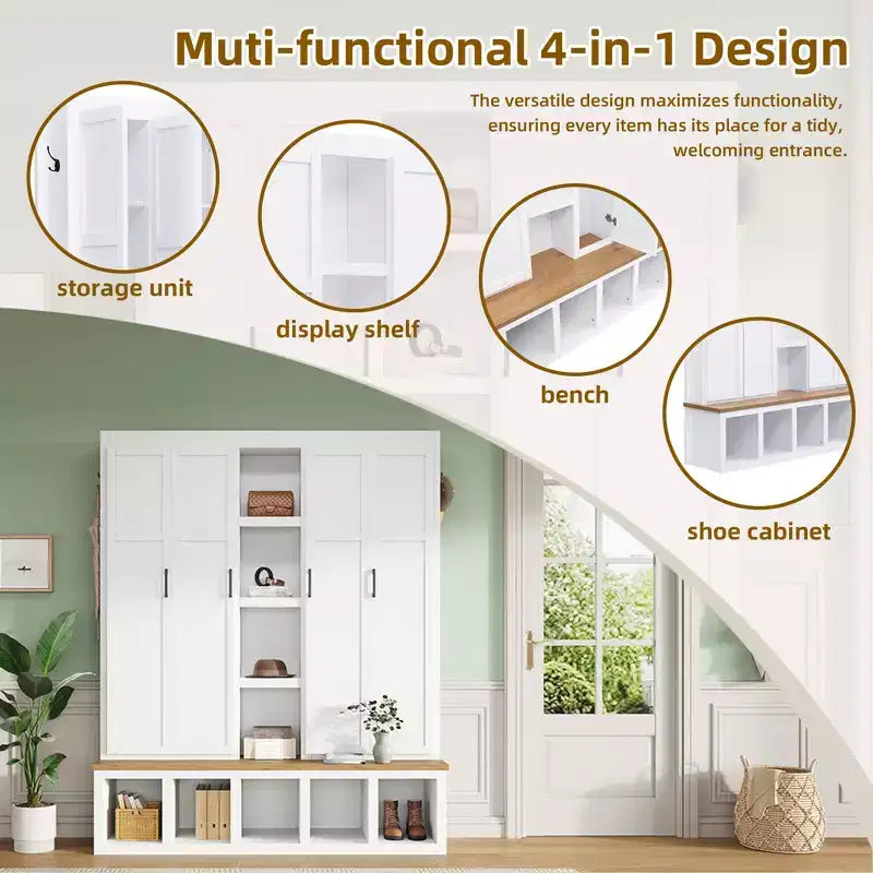 Porte-manteau d'entrée 4-en-1 avec banc de rangement et patères pour vestibule/vestiaire
