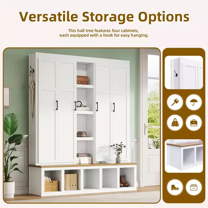 Porte-manteau d'entrée 4-en-1 avec banc de rangement et patères pour vestibule/vestiaire