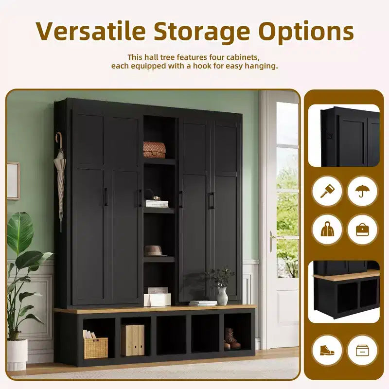 Porte-manteau d'entrée 4-en-1 avec banc de rangement et patères pour vestibule/vestiaire