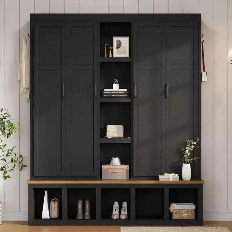 4-in-1 Hall Tree Entryway Bench Storage Bench Mudroom Coat Rack with Hooks, Storage Cabinet & Shelves, White/Black/Blue-ModernLuxe
