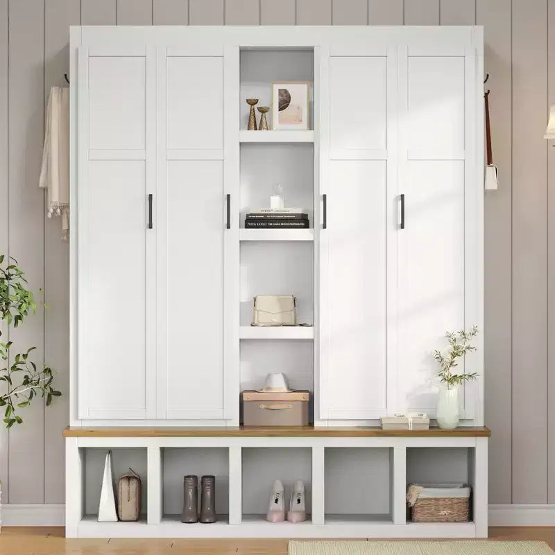 Porte-manteau d'entrée 4-en-1 avec banc de rangement et patères pour vestibule/vestiaire