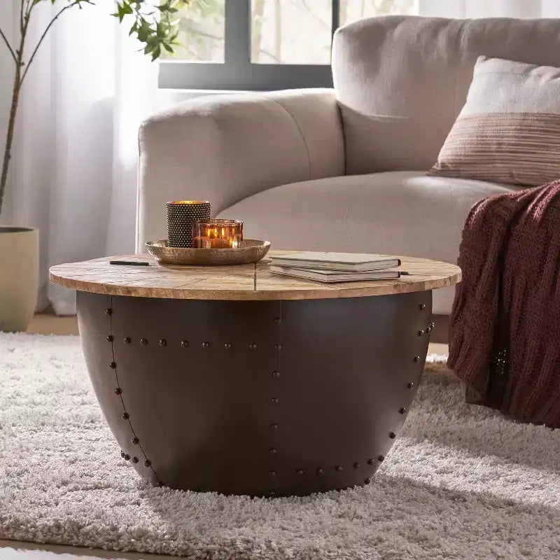 Table basse de rangement moderne en bois de manguier et fer forgé fabriquée à la main