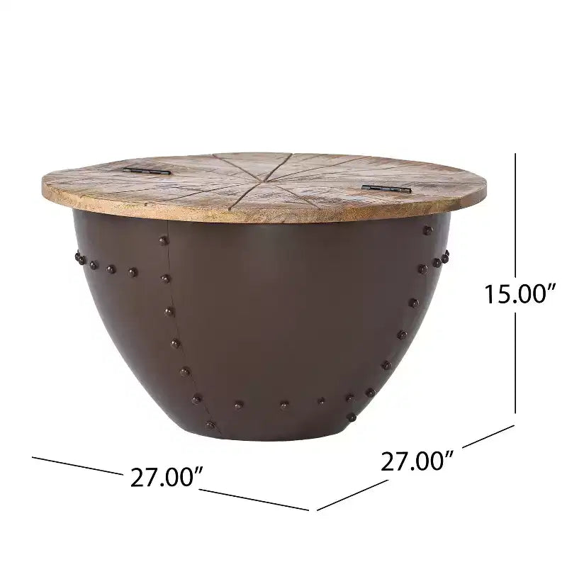 Table basse de rangement moderne en bois de manguier et fer forgé fabriquée à la main