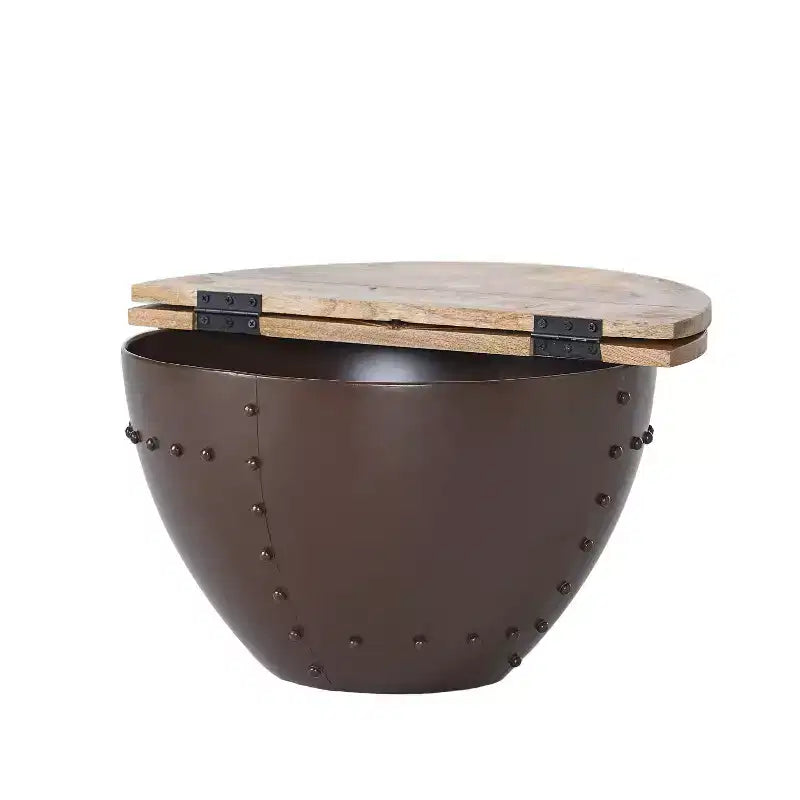 Table basse de rangement moderne en bois de manguier et fer forgé fabriquée à la main