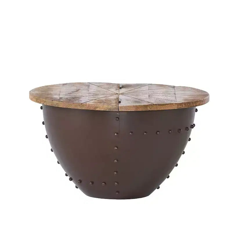Table basse de rangement moderne en bois de manguier et fer forgé fabriquée à la main