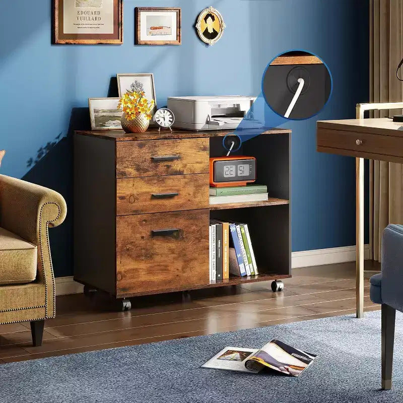 Meuble de classement mobile à 3 tiroirs, meuble de classement latéral en bois avec étagères ouvertes, support d'imprimante