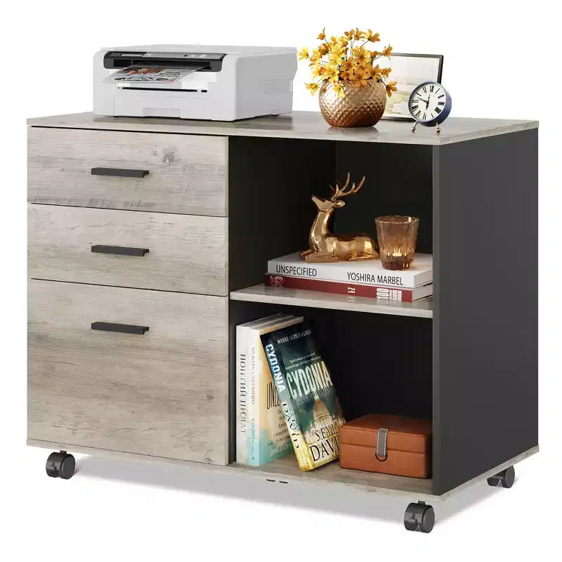 GALAXHERO 3-Drawer Mobile File Cabinet Wood Lateral Filing Cabinet with Open Shelves Printer Stand for Home Office Organization