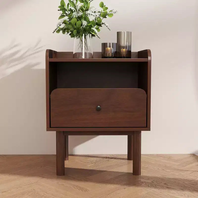 Roundhill Furniture Wyller Dual-tier Storage Nightstand, Side Table, Natural Walnut Finish