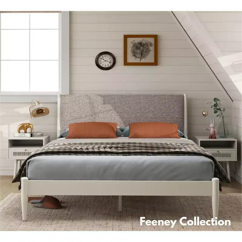 Ensemble de chambre 2 pièces, lit plateforme avec table de chevet, blanc crème
