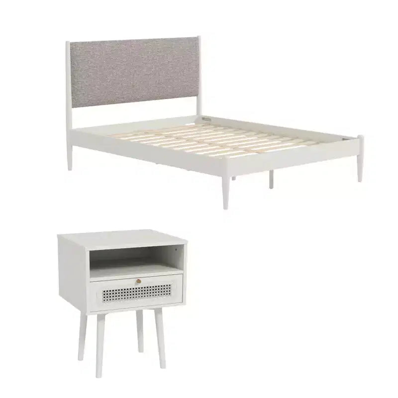 Ensemble de chambre 2 pièces, lit plateforme avec table de chevet, blanc crème