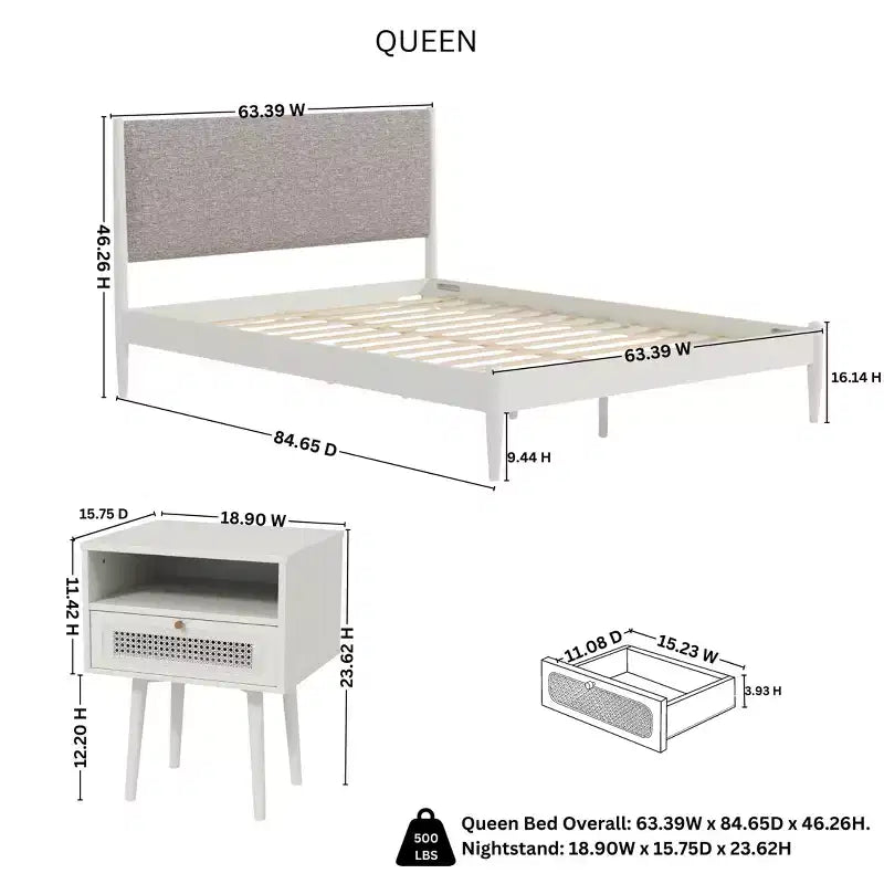 Ensemble de chambre 2 pièces, lit plateforme avec table de chevet, blanc crème