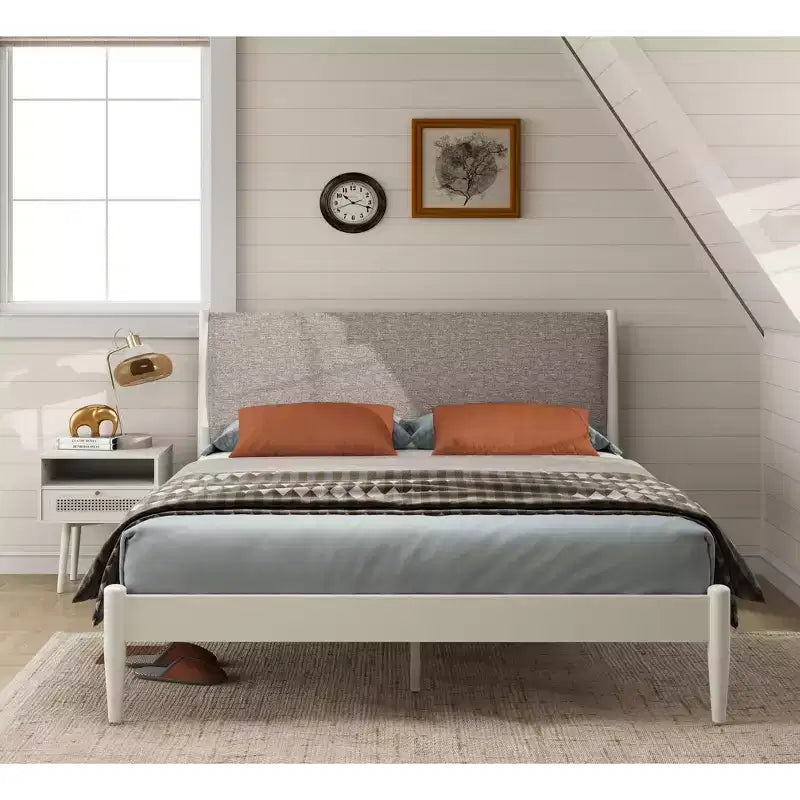 Ensemble de chambre 2 pièces, lit plateforme avec table de chevet, blanc crème
