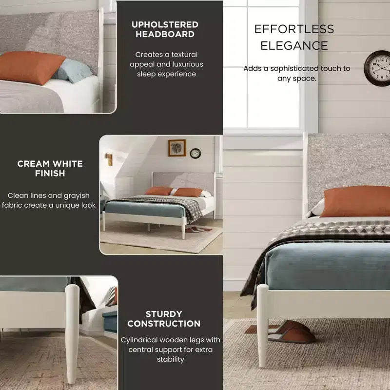 Ensemble de chambre 2 pièces, lit plateforme avec table de chevet, blanc crème