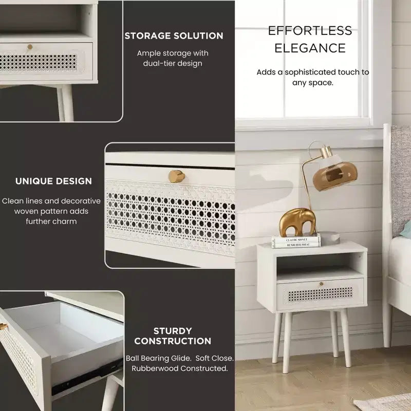 Ensemble de chambre 2 pièces, lit plateforme avec table de chevet, blanc crème