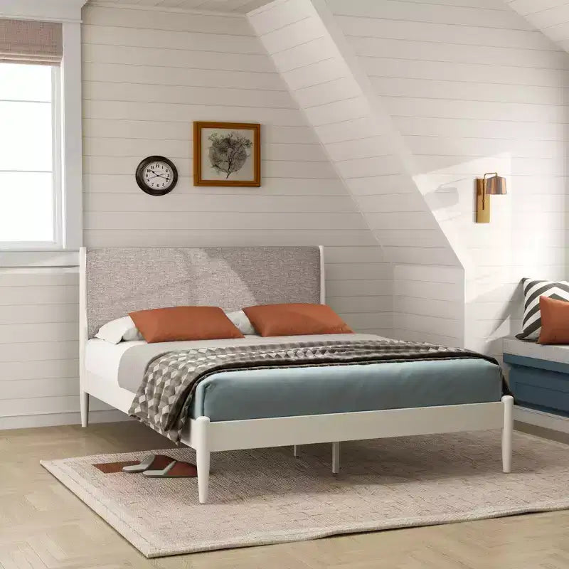 Ensemble de chambre 2 pièces, lit plateforme avec table de chevet, blanc crème