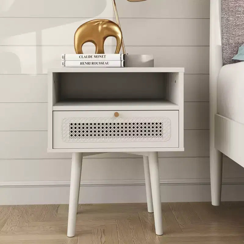 Ensemble de chambre 2 pièces, lit plateforme avec table de chevet, blanc crème